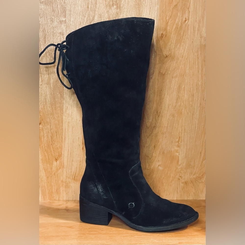 BORN Felicia Women’s 8 Wide Calf Oiled Black Suede Knee-High Stacked Heel Boots